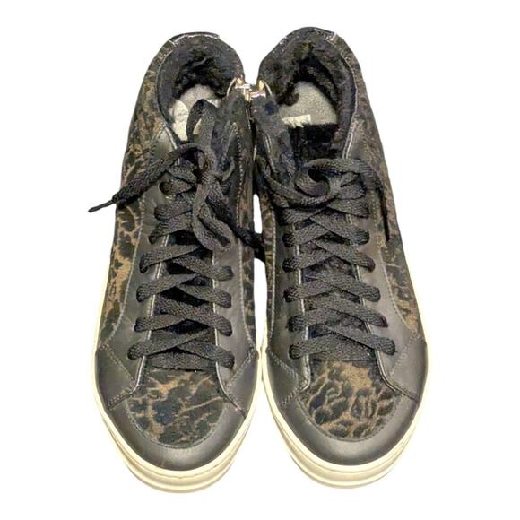 P448 Skate Boster Black Leopard Print Suede FurLined High Top Sneakers 36 - Picture 2 of 13